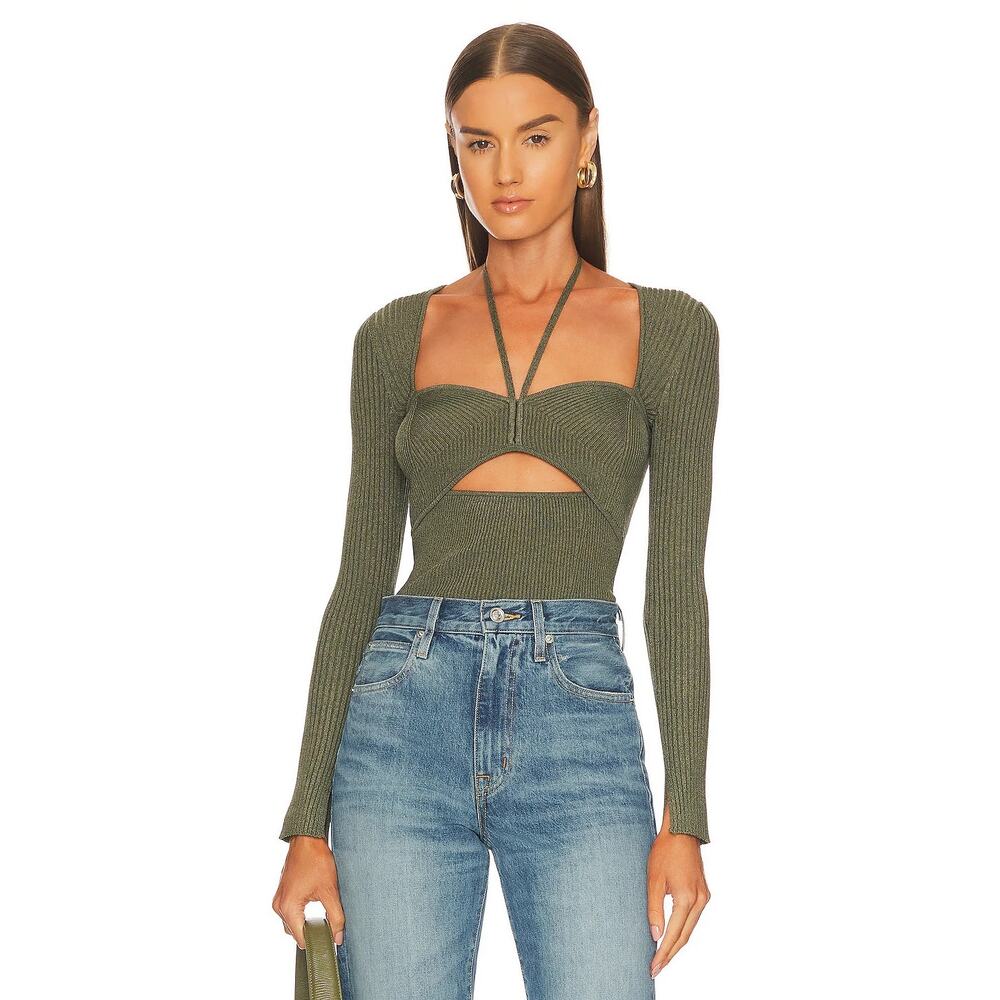 Jonathan Simkhai Alexia Green Ribbed Knit‎ Halter Cut Out Long Sleeve Top L NWT